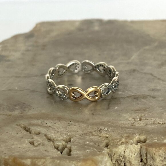 Pandora Sterling Silver 925 ALE 14K Yellow Gold Infinite Love Infinite Band Ring - Picture 1 of 16